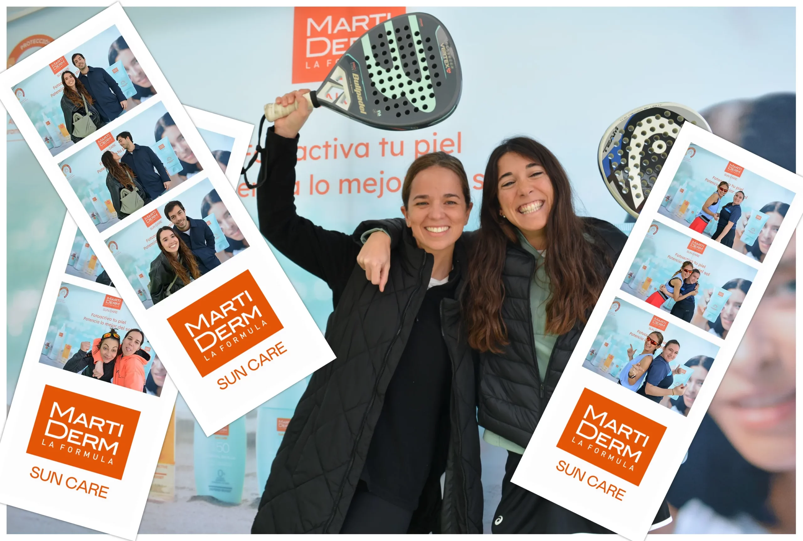 Dos mujeres sonrientes posando con palas de pádel frente a un fondo de MartiDerm, junto a tiras de fotos personalizadas con la marca.