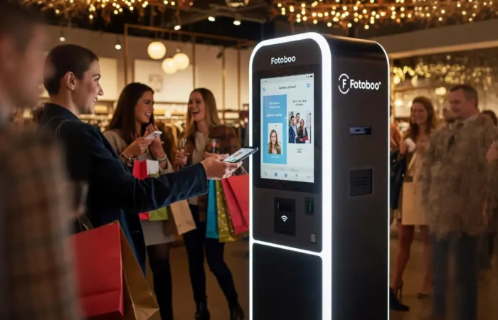 Fotomatón sin efectivo con código QR para pago digital y captura de fotos instantáneas.