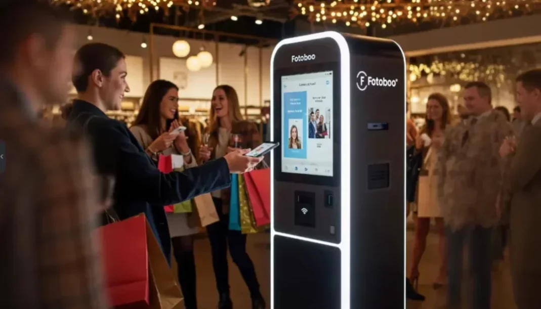 Fotomatón sin efectivo con código QR para pago digital y captura de fotos instantáneas.