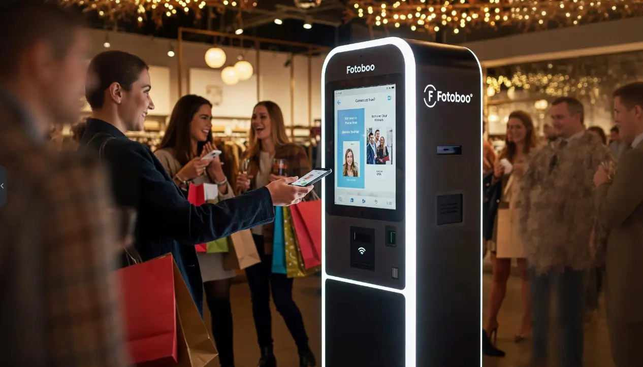 Fotomatón sin efectivo con código QR para pago digital y captura de fotos instantáneas.