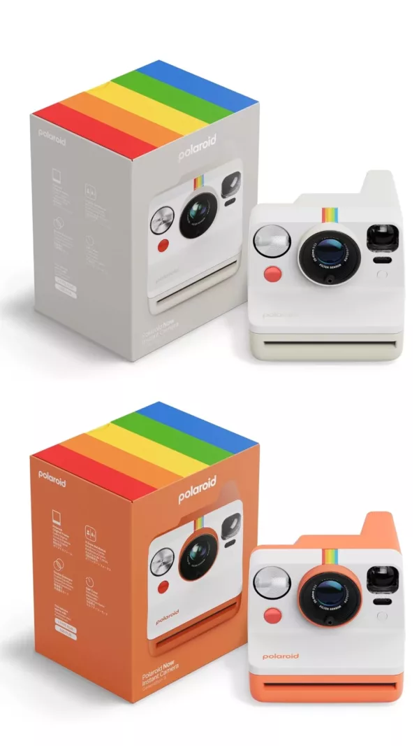Cámaras instantáneas Polaroid en blanco y naranja con sus cajas