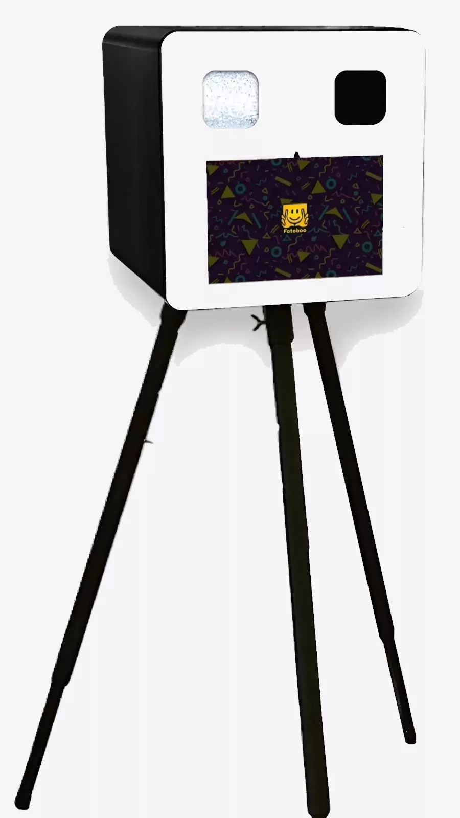 Fotomatón Modern de diseño en blanco y negro sobre trípode, con cámara réflex y pantalla personalizada