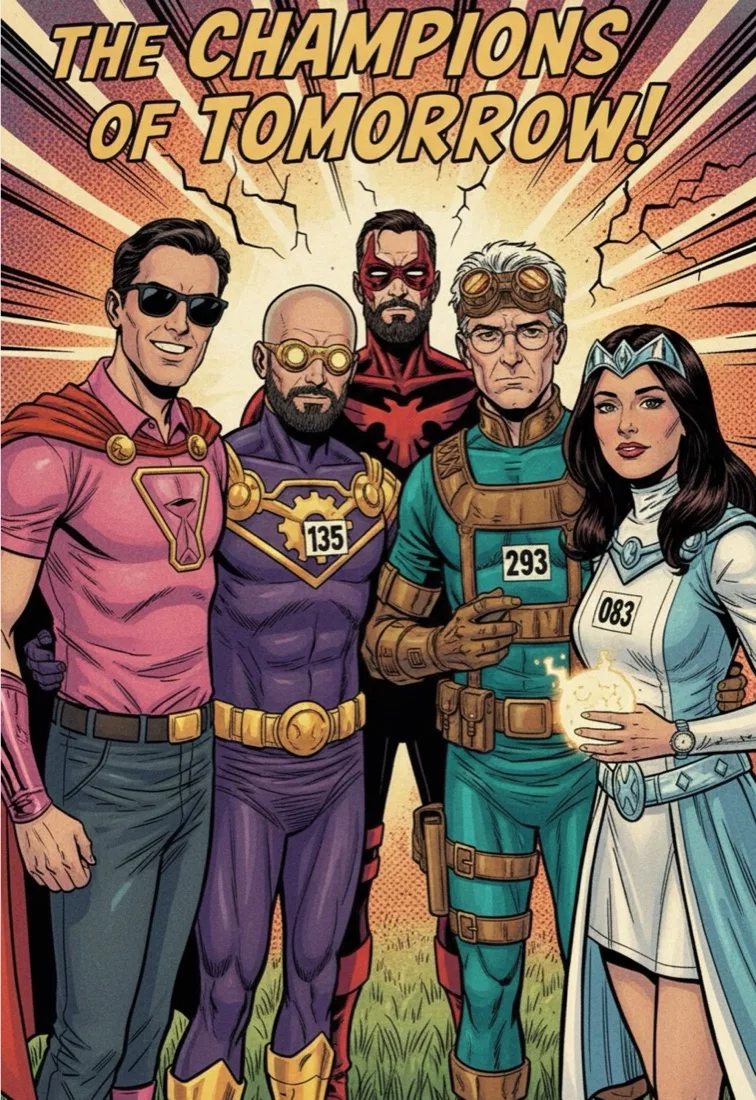Retrato con IA en estilo cómic de un grupo de empleados convertidos en superhéroes