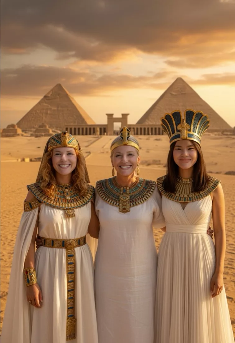 Retrato con IA de tres invitadas vestidas de reinas del antiguo Egipto