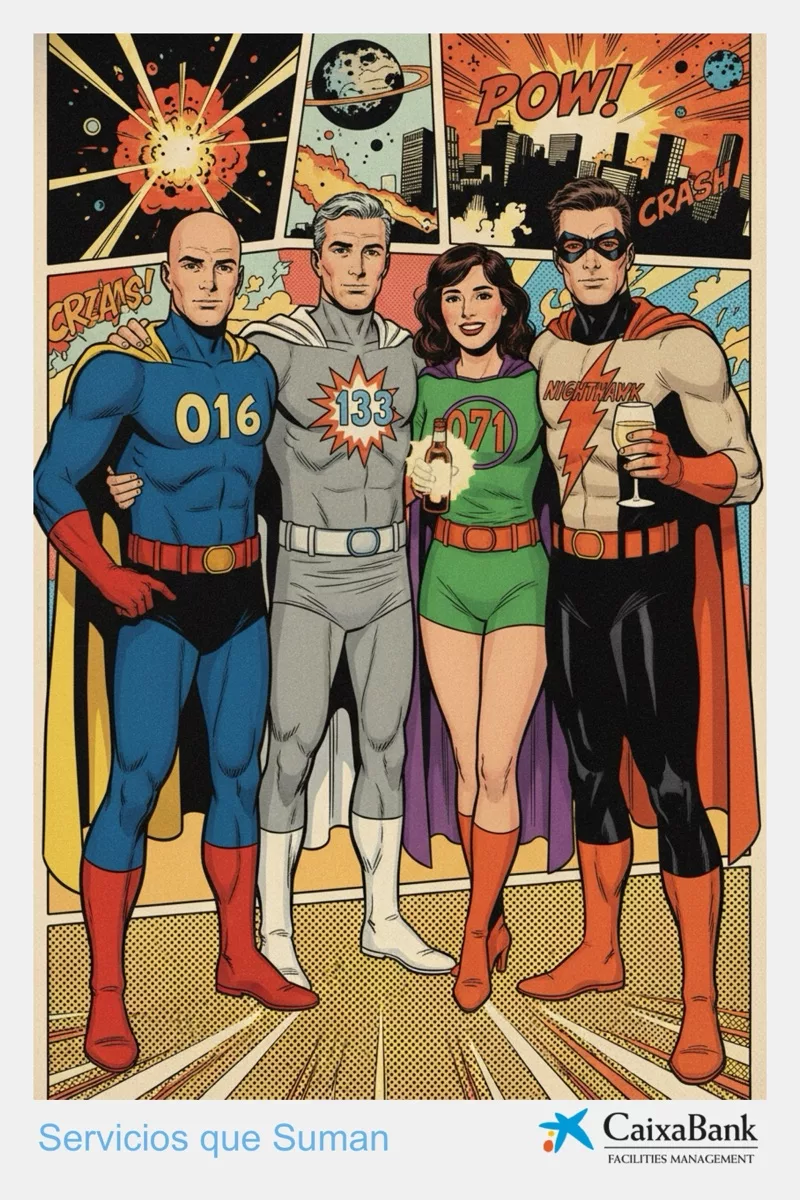 Foto impresa con IA de cuatro superhéroes de cómic con el marco de CaixaBank Facilities