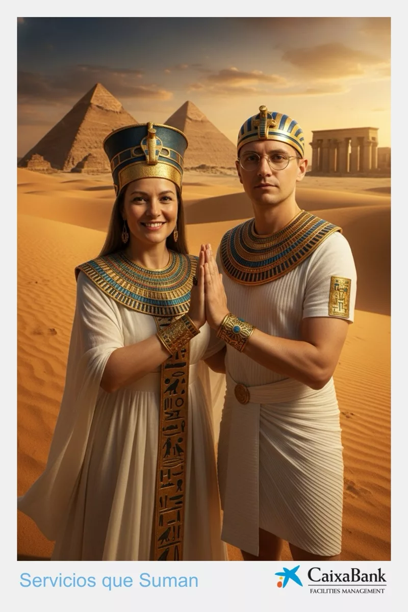 Foto impresa del Fotomatón IA de una pareja en el antiguo Egipto con el marco de CaixaBank Facilities