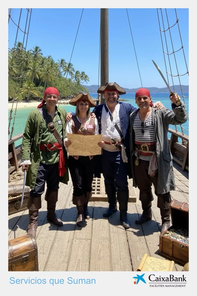 Foto impresa con IA de cuatro piratas con el marco de CaixaBank Facilities