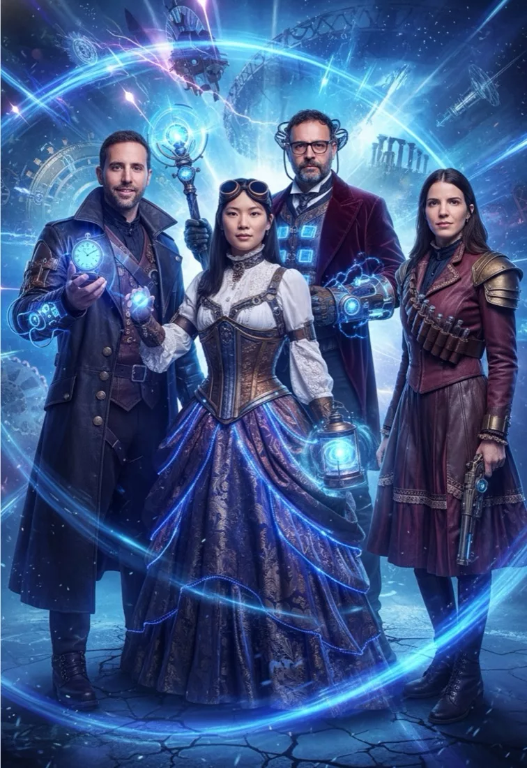 Retrato con IA en estilo fantasía steampunk de cuatro invitados