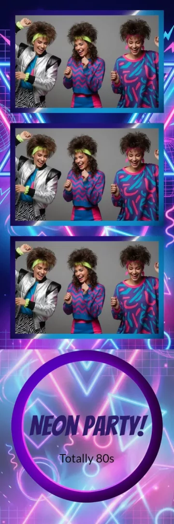 Plantilla de tira de fotos para fotomatón «Neon Party»: neones geométricos en morado y azul