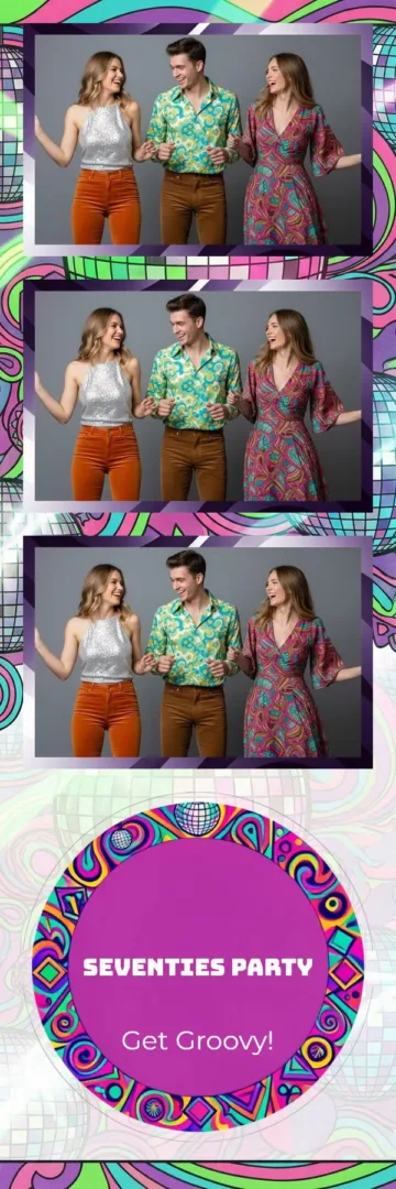 Plantilla de tira de fotos para fotomatón «Seventies Party»: rayas de colores de los años 70
