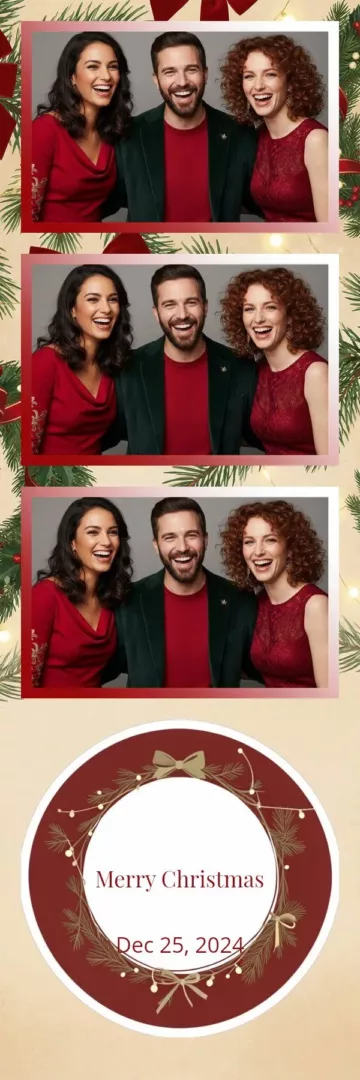 Plantilla de tira de fotos para fotomatón «Christmas Party»: fiesta de Navidad clásica en rojo