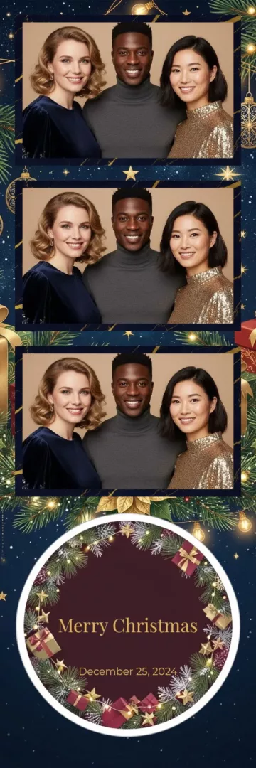 Plantilla de tira de fotos para fotomatón «Starry Christmas»: noche de Navidad estrellada en azul y dorado
